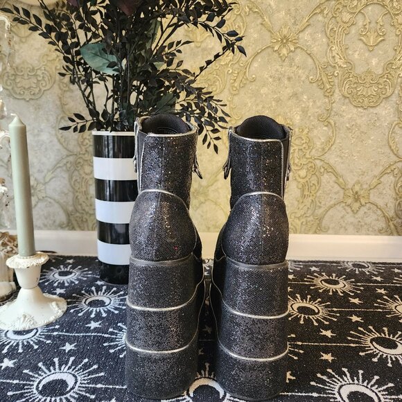 Rare Glam Dolls Kill Club Exx Platform Black Glitter Zipper Glitter Boots Sz 7 - Picture 5 of 7